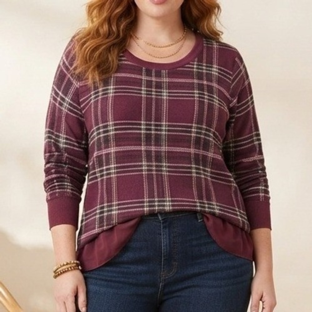 Torrid 4x cotton Sweater Plaid Knit Layered Burgundy relaxed fit office preppy